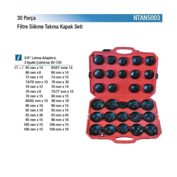 NT Tools 30 Parça Sac Kapak Tip Filtre Sökme Takma Seti NTAN5003