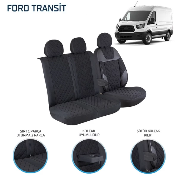 Ford Transit 2013 ve Sonrası 2+1 Ön Koltuk Kılıf Seti Alkantra Siyah Dikiş - 3