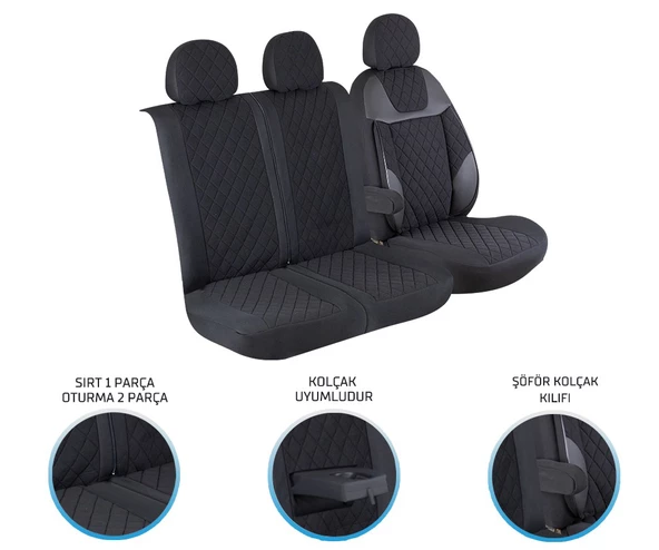 Ford Transit 2013 ve Sonrası 2+1 Ön Koltuk Kılıf Seti Alkantra Siyah Dikiş - 2