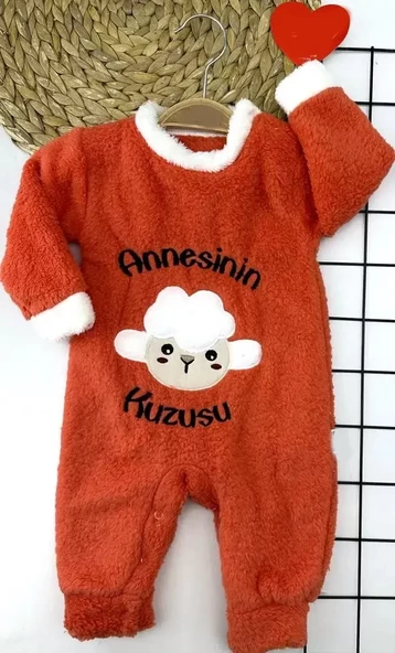 Kuzu Tüylü Kumaş Annesinin Kuzusu Nakışlı Alttan Çıtçıtlı Kız Erkek Bebek Tulumu