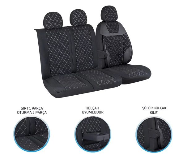 Ford Transit 2013 ve Sonrası 2+1 Ön Koltuk Kılıf Seti Alkantra Beyaz Dikiş - 2