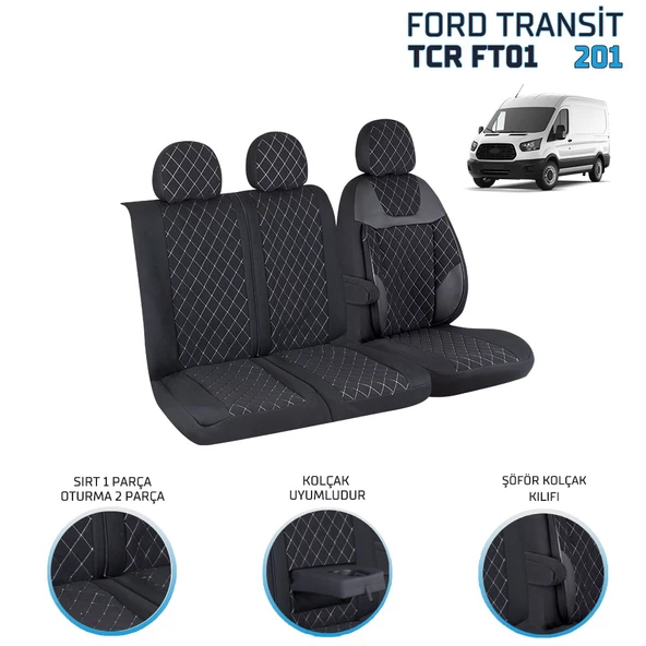 Ford Transit 2013 ve Sonrası 2+1 Ön Koltuk Kılıf Seti Alkantra Beyaz Dikiş - 4