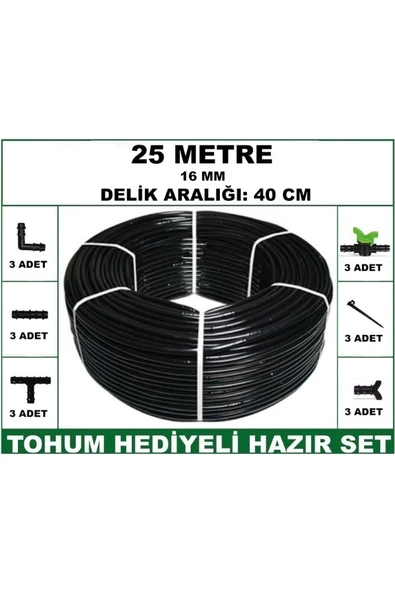16 mm Delikli 25 mt 40 cm Bahçeniz İçin İdeal Damla Sulama Hortumu -Tohum Hediye- Hazır SET 3'lü