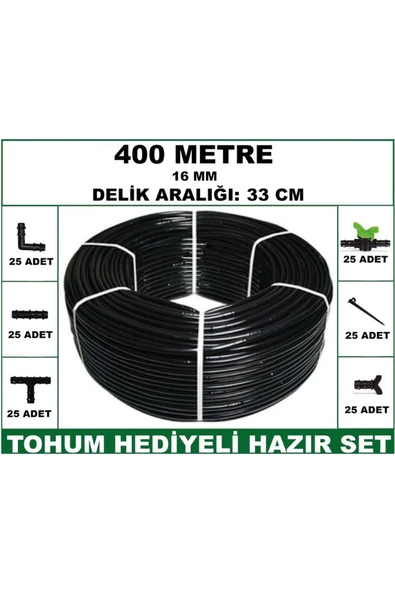 16 mm Delikli 400 mt 33 cm Bahçeniz İçin İdeal Damla Sulama Hortumu -Tohum Hediye- Hazır SET 25'li