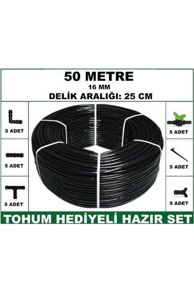 16 mm Delikli 50 mt 25 cm Bahçeniz İçin İdeal Damla Sulama Hortumu -Tohum Hediye- Hazır SET 5'li