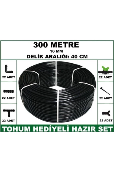 16 mm Delikli 300 mt 40 cm Bahçeniz İçin İdeal Damla Sulama Hortumu -Tohum Hediye- Hazır SET 22'li