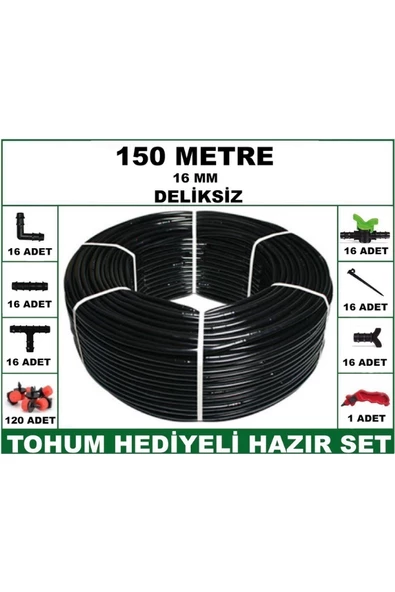 16 mm Deliksiz 150 mt Bahçeniz İçin İdeal Damla Sulama Hortumu -Tohum Hediye- Hazır SET 16'lı