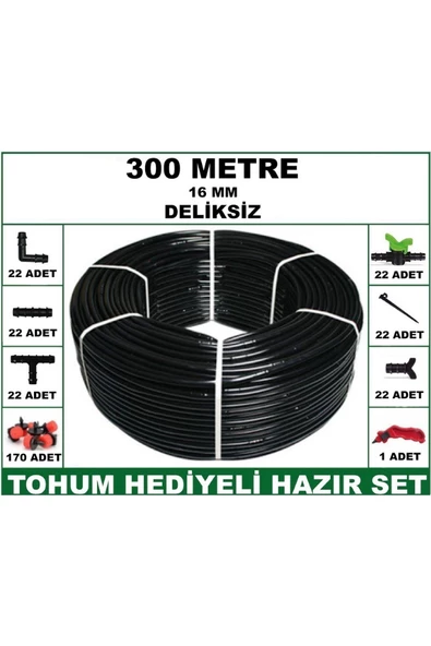 16 mm Deliksiz 300 mt Bahçeniz İçin İdeal Damla Sulama Hortumu -Tohum Hediye- Hazır SET 22'li
