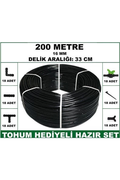 16 mm Delikli 200 mt 33 cm Bahçeniz İçin İdeal Damla Sulama Hortumu -Tohum Hediye- Hazır SET 18'li
