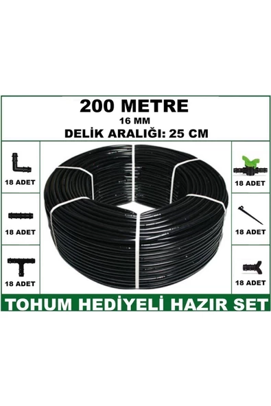 16 mm Delikli 200 mt 25 cm Bahçeniz İçin İdeal Damla Sulama Hortumu -Tohum Hediye- Hazır SET 18'li