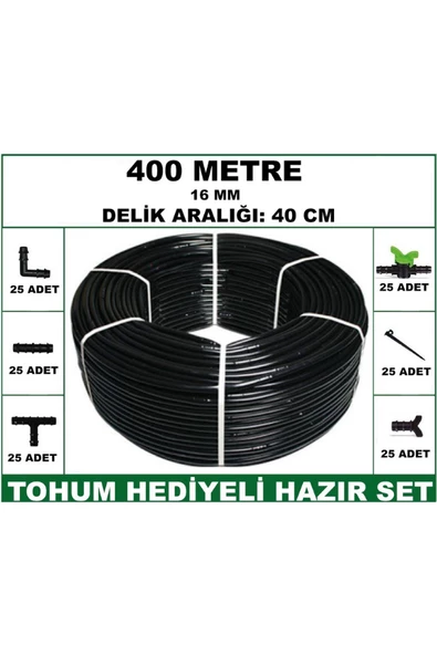 16 mm Delikli 400 mt 40 cm Bahçeniz İçin İdeal Damla Sulama Hortumu -Tohum Hediye- Hazır SET 25'li