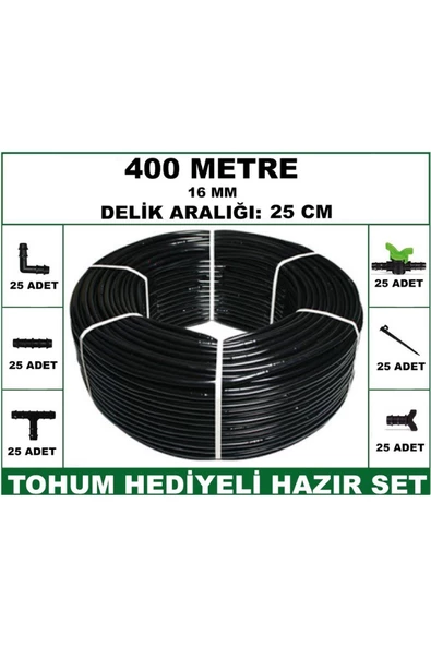 16 mm Delikli 400 mt 25 cm Bahçeniz İçin İdeal Damla Sulama Hortumu -Tohum Hediye- Hazır SET 25'li