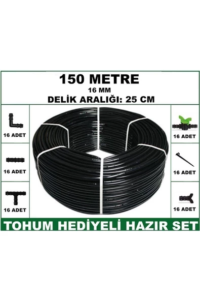 16 mm Delikli 150 mt 25 cm Bahçeniz İçin İdeal Damla Sulama Hortumu -Tohum Hediye- Hazır SET 16'lı