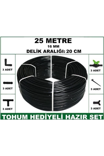 16 mm Delikli 25 mt 20 cm Bahçeniz İçin İdeal Damla Sulama Hortumu -Tohum Hediye- Hazır SET 3'lü - 4