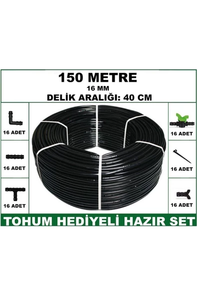 16 mm Delikli 150 mt 40 cm Bahçeniz İçin İdeal Damla Sulama Hortumu -Tohum Hediye- Hazır SET 16'lı