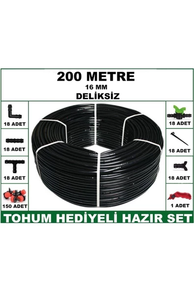 16 mm Deliksiz 200 mt Bahçeniz İçin İdeal Damla Sulama Hortumu -Tohum Hediye- Hazır SET 18'li
