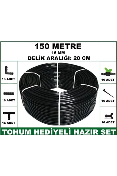 16 mm Delikli 150 mt 20 cm Bahçeniz İçin İdeal Damla Sulama Hortumu -Tohum Hediye- Hazır SET 16'lı