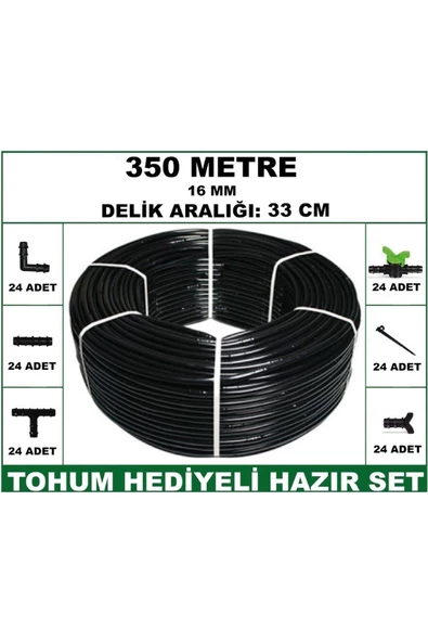 16 mm Delikli 350 mt 33 cm Bahçeniz İçin İdeal Damla Sulama Hortumu -Tohum Hediye- Hazır SET 24'lü