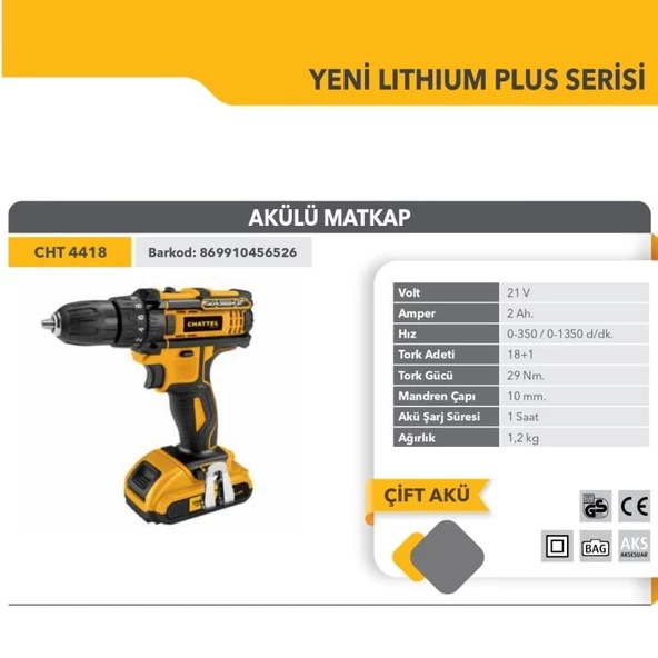 Chattel Profesyonel 21V Akülü Delme Vidalama 29Nm. 2A Çift Akü Çantalı CHT 4418 - 2