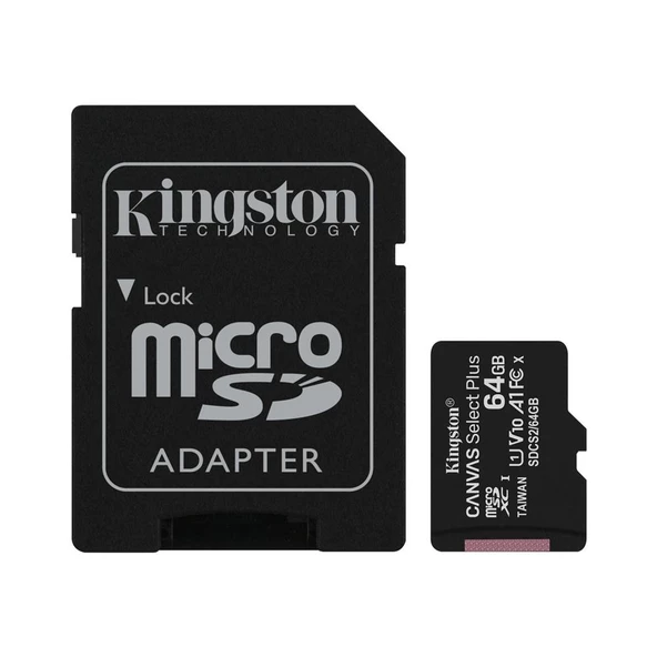 Kingston SDCS2/64GB 64GB Canvas Select Plus microSD 100R A1 C10 Card + ADP Hafıza Kartı