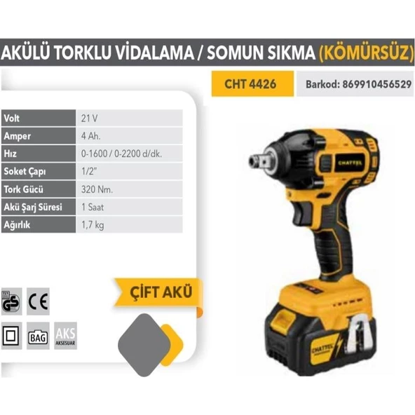 Chattel Profesyonel 21V Akülü Darbeli Somun Sökme 1/2" Kömürsüz Motor CHT4426