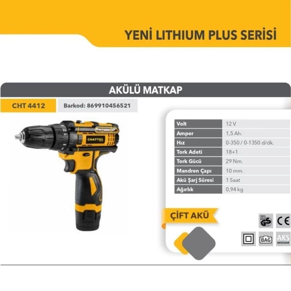 Chattel Profesyonel 12V Akülü Delme Vidalama 29Nm. 1,5Ah. Çift Akü Çantalı CHT 4412 - 2