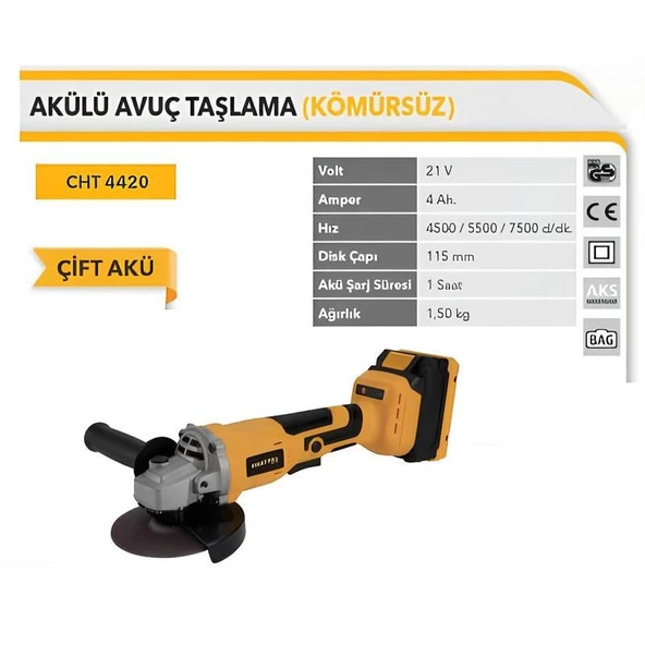 Chattel 21V Akülü Avuç Taşlama 4Ah. Çift Akü  Ø115mm 7500rpm CHT4420 - 2