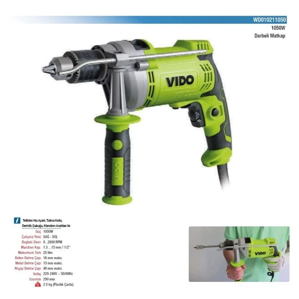 Vido 1050W Elektrikli Darbeli Matkap 13mm Kilitli Mandren WD010211050 - 2