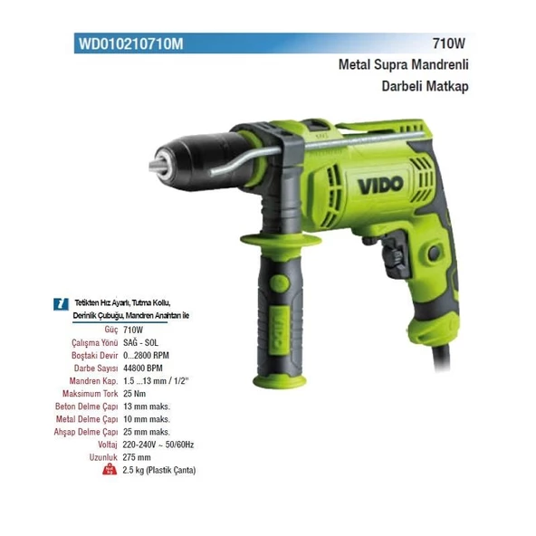 Vido 710W Elektrikli Darbeli Matkap 13mm Supra Mandren WD010210710 - 2