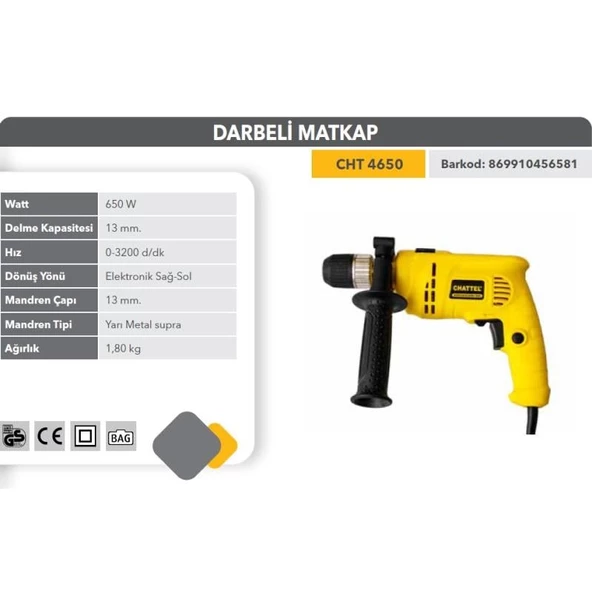Chattel 650W Elektrikli Darbeli Matkap 13mm Supra Mandren CHT4650 - 2