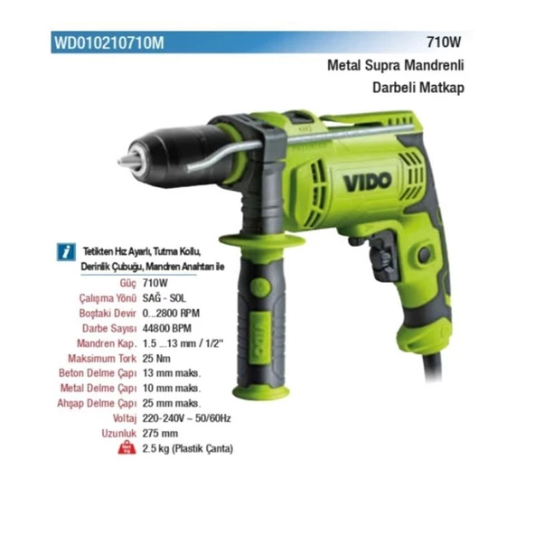 Vido 750W Elektrikli Darbeli Matkap 13mm Supra Mandren WD010220750M - 2