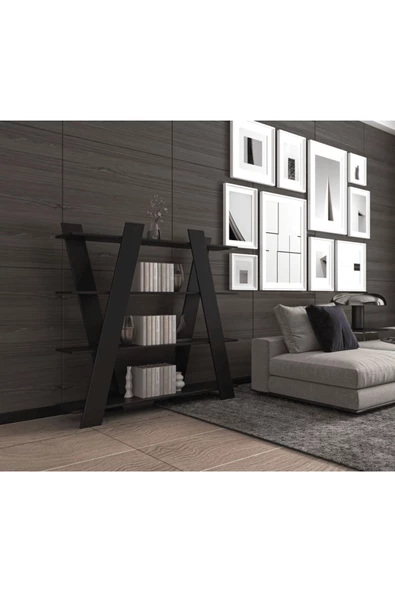 ANZERA Terra Kitaplık - Raflı - X Desenli Siyah - 2