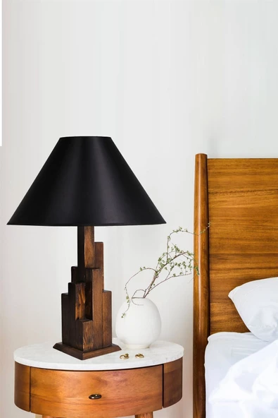 Lumexx Kule Ceviz Ahşap Masa Lambası Pramit Siyah Abajurlu - 2