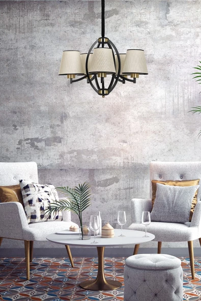 Lumexx Paul 5 Li Siyah Avize Açık Hasır Abajurlu - Resim 2