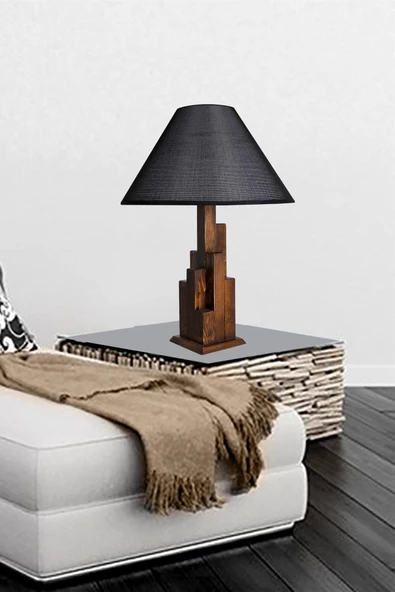 Lumexx Kule Ceviz Ahşap Masa Lambası Pramit Hasır Siyah Abajurlu