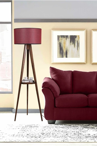 Lumexx Sehbalı Tripod Ceviz Lambader Silindir Hasır Bordo Abajurlu - 1