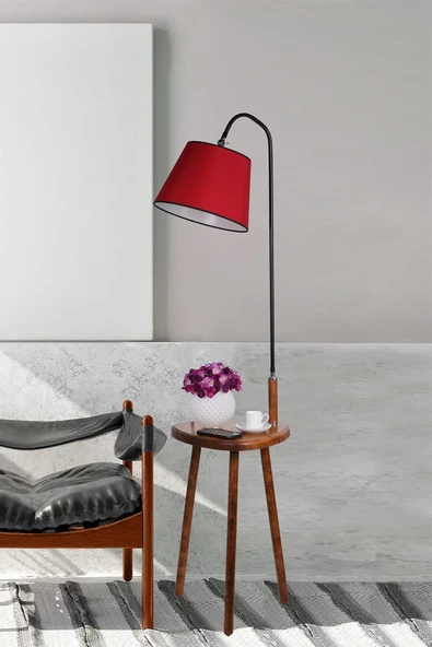 Lumexx Demet Sehbalı Ahşap Lambader Ceviz Pramit Kırmızı Abajurlu - Resim 3