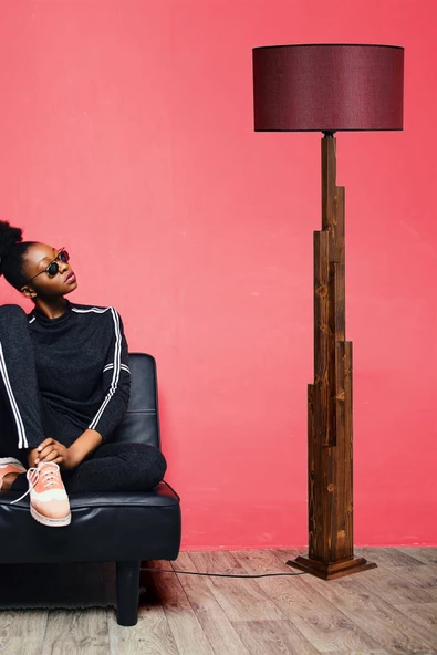 Lumexx Kule Ceviz Ahşap Lambader Silindir Hasır Bordo Abajurlu