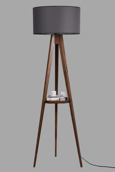 Lumexx Sehbalı Tripod Ceviz Lambader Silindir Koyu Gri Abajurlu - Resim 3