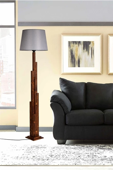 Lumexx Kule Ceviz Ahşap Lambader Pramit Hasır Gri Abajurlu