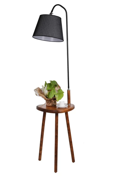 Lumexx Demet Sehbalı Ahşap Lambader Ceviz Pramit Hasır Siyah Abajurlu