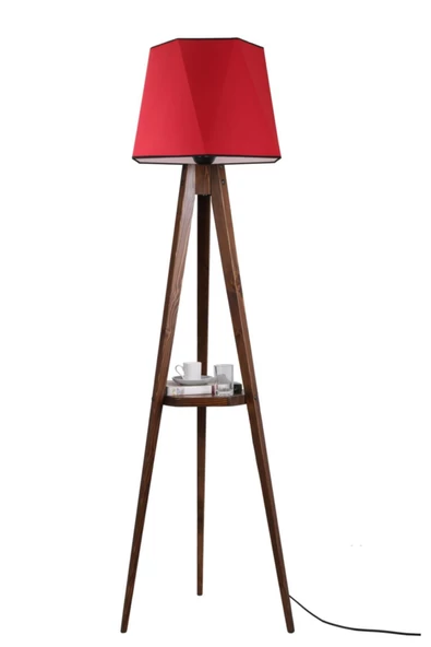 Lumexx Sehbalı Tripod Lambader Ceviz Altıgen Kırmızı Abajurlu