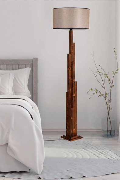 Lumexx Kule Ceviz Ahşap Lambader Silindir Koyu Hasır Abajurlu ürün görseli