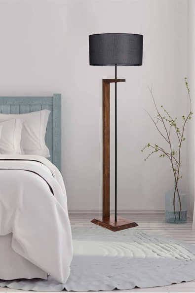 Lumexx Menekşe Ceviz Ahşap Lambader Silindir Hasır Siyah Abajurlu