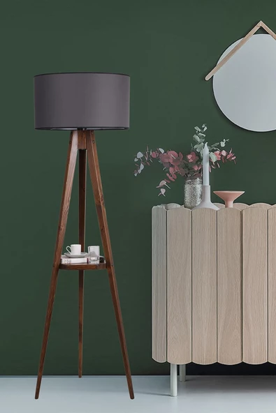 Lumexx Sehbalı Tripod Ceviz Lambader Silindir Koyu Gri Abajurlu