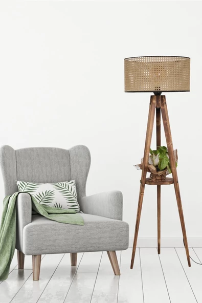 Lumexx Sehbalı Tripod Lambader Yanık Silindir Rattan Abajurlu