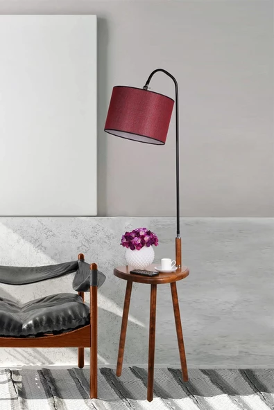 Lumexx Demet Sehbalı Ahşap Lambader Ceviz Silindir Hasır Bordo Abajurlu - Resim 3