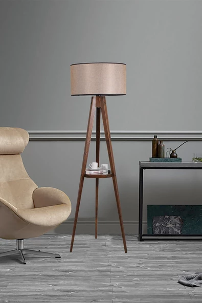 Lumexx Sehbalı Tripod Ceviz Lambader Silindir Açık Hasır Abajurlu