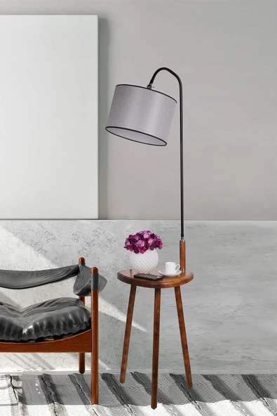 Lumexx Demet Sehbalı Ahşap Lambader Ceviz Silindir Hasır Gri Abajurlu - Resim 3