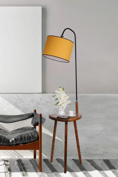 Lumexx Demet Sehbalı Ahşap Lambader Ceviz Silindir Hardal Abajurlu - 3